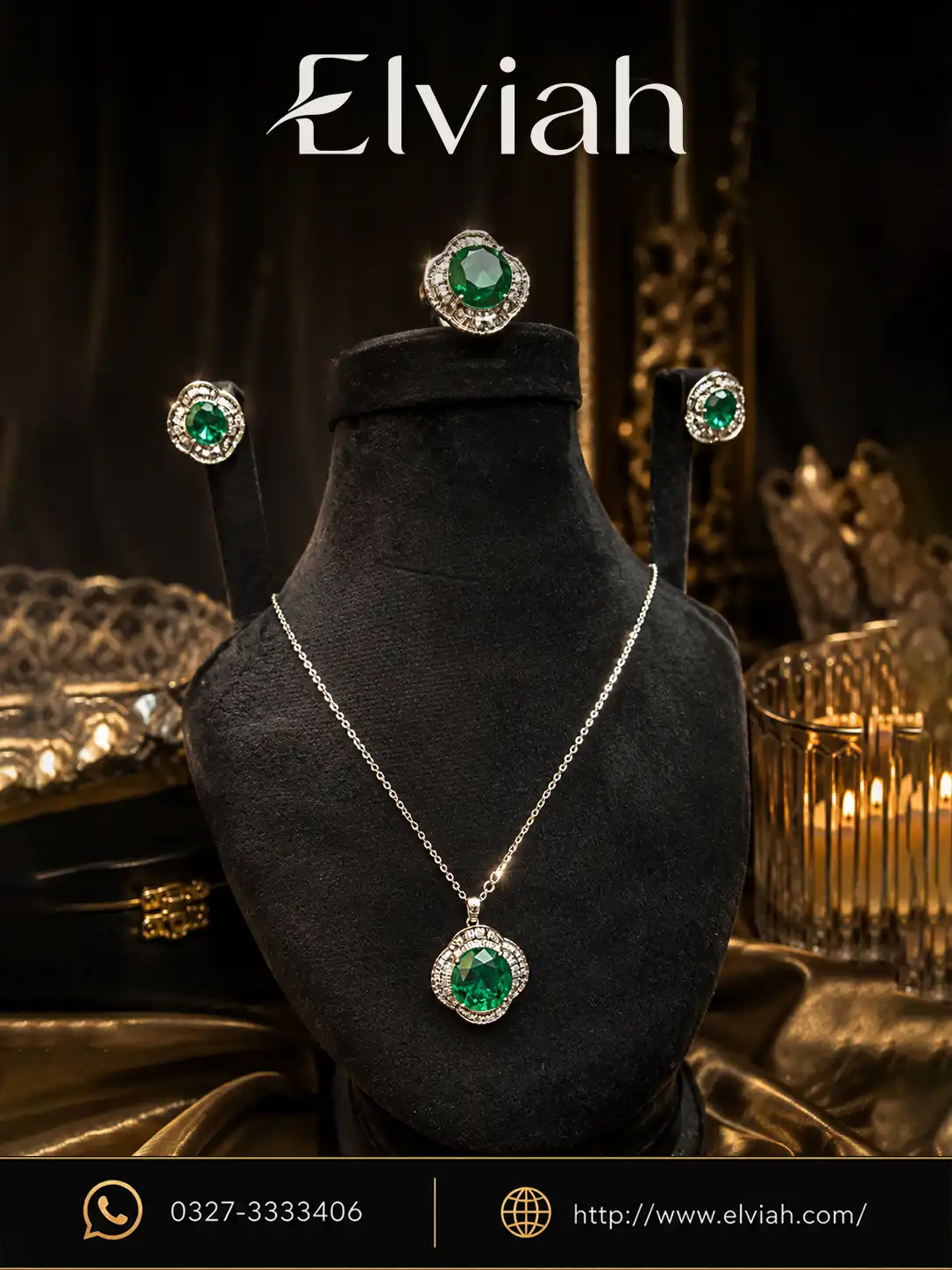 Emerald Green Halo Pendant Jewelry Set | Elviah