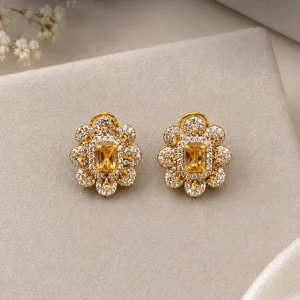 Amber Gold Floral Crystal Stud Earrings