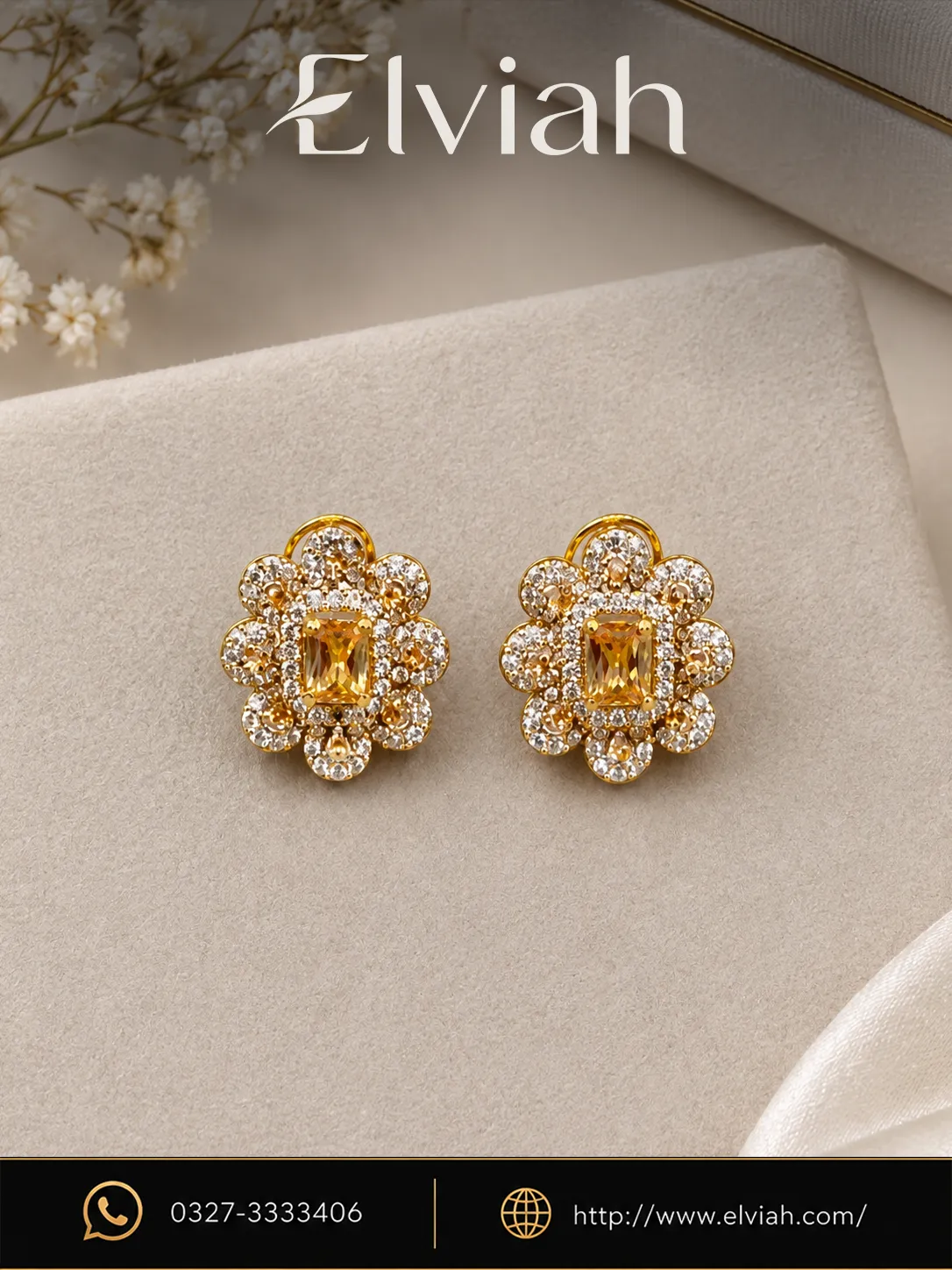 Amber Gold Floral Crystal Stud Earrings
