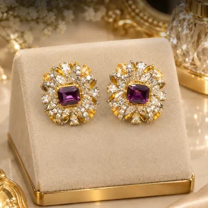 Purple Crystal Floral Earrings