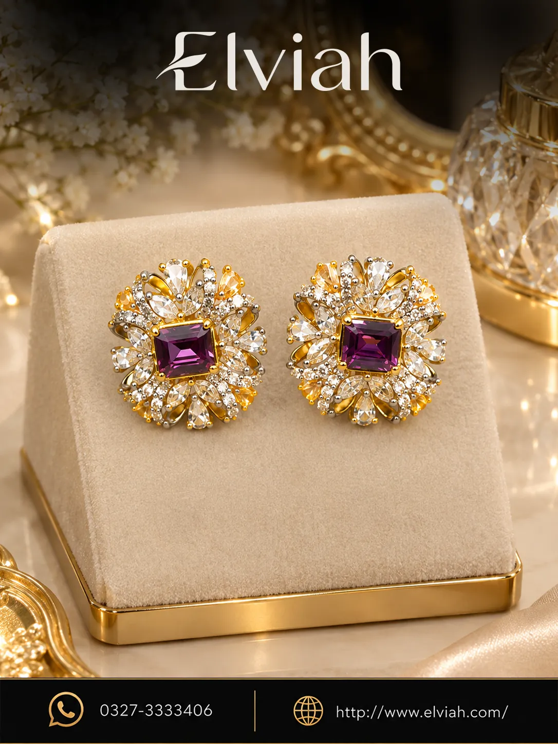 Purple Crystal Floral Earrings