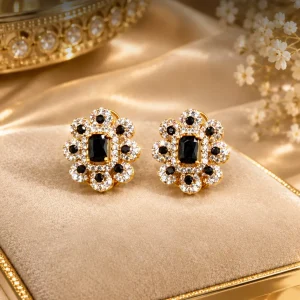 Black Onyx Style Floral Stud Earrings