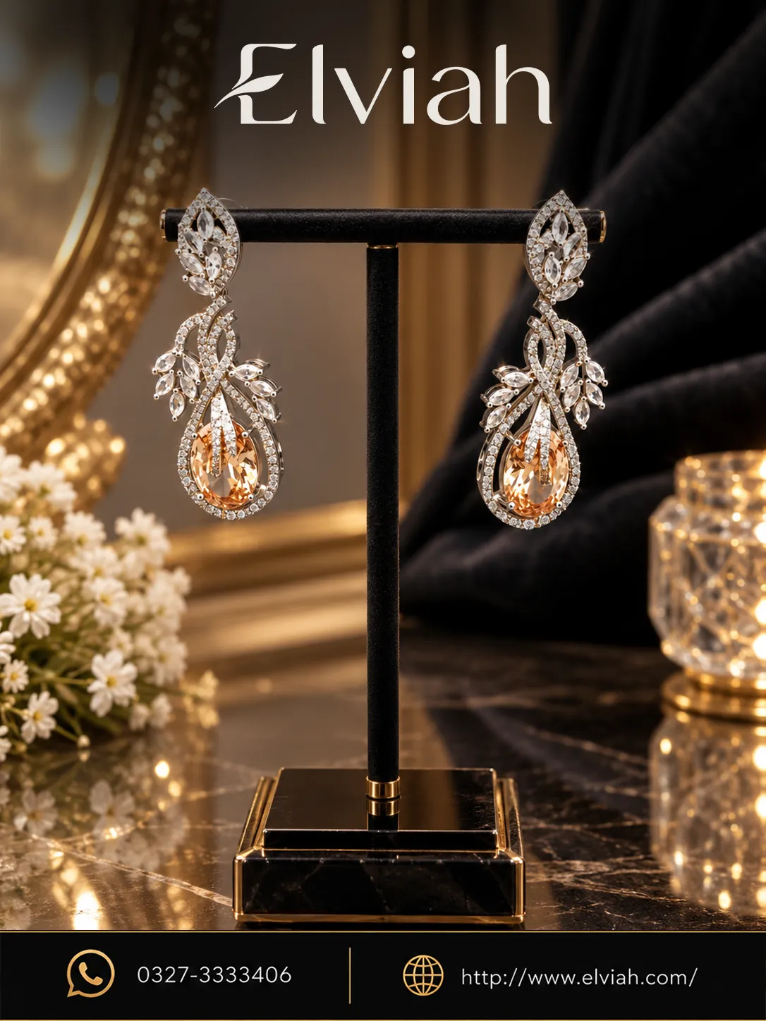 Crystal Teardrop Floral Earrings (1) Silver & Champagne Crystal Teardrop Earrings