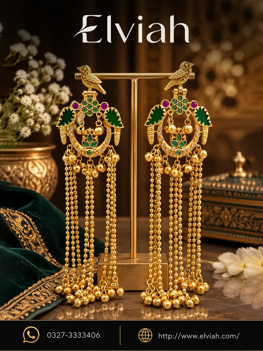 Green Emerald Bird Chain Statement Earrings
