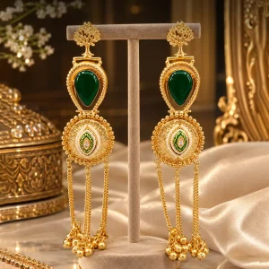 Green Emerald & Gold Long Drop Earring