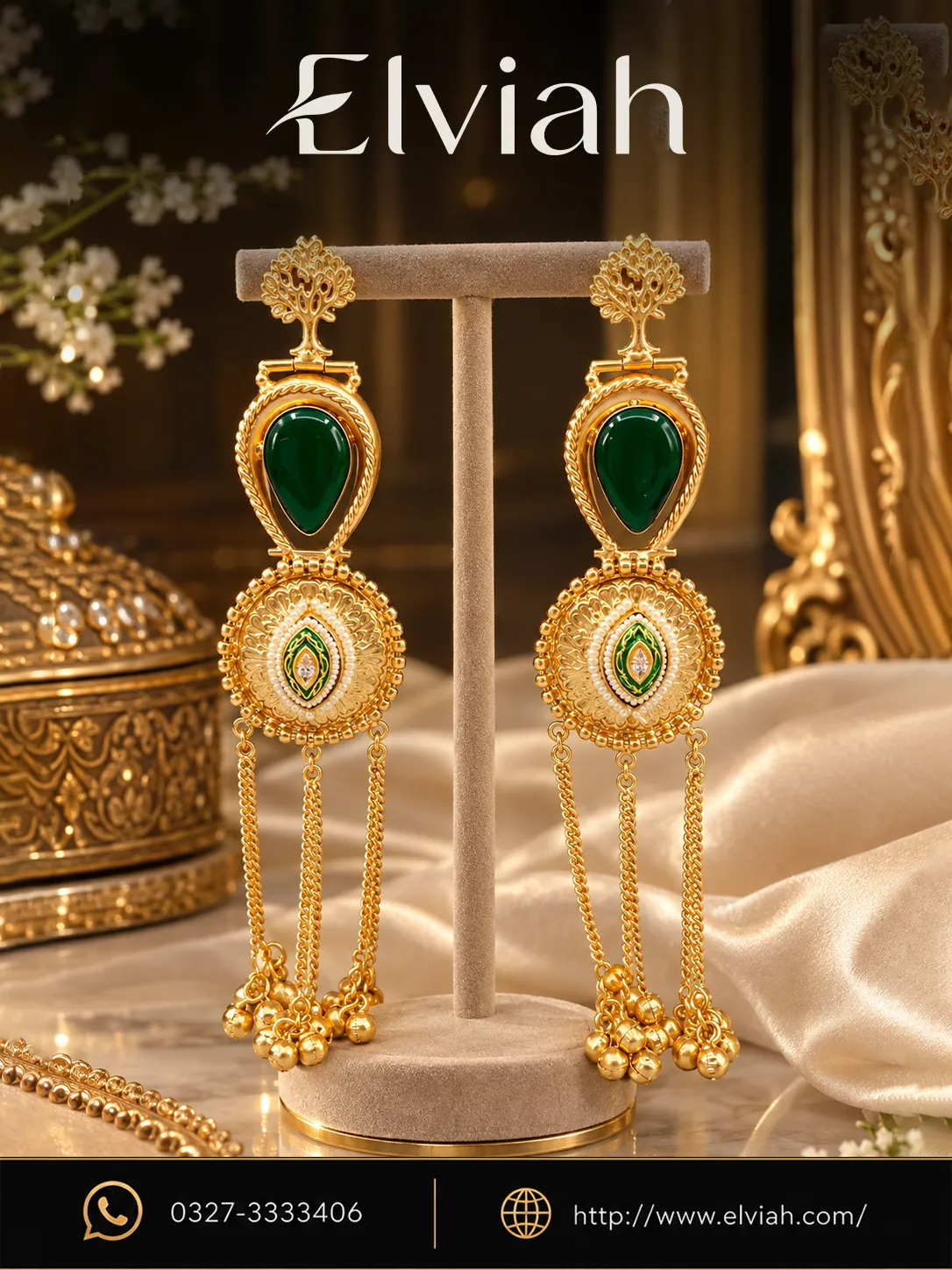 Green Emerald & Gold Long Drop Earring