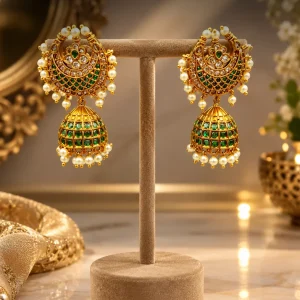 Green Emerald & Pearl Gold Jhumka Earrings