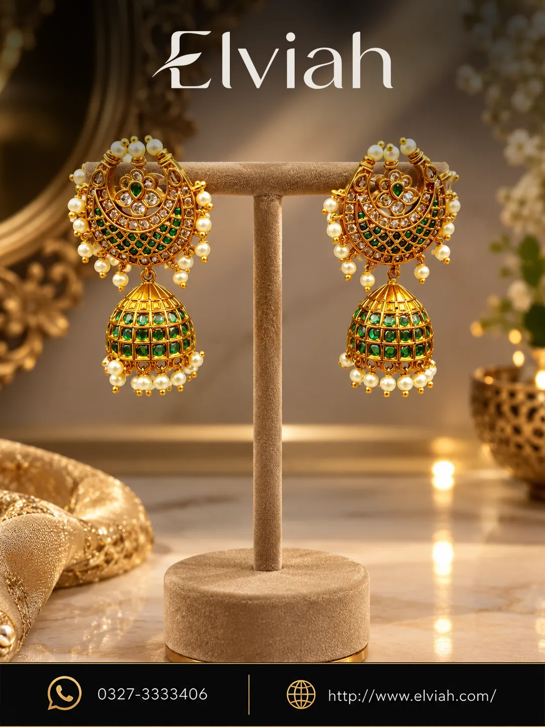 Emerald Pearl Jhumka Earrings (1) Green Emerald & Pearl Gold Jhumka Earrings
