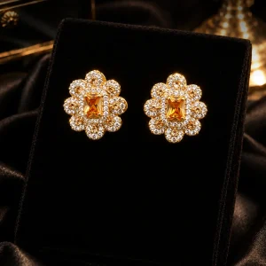 Golden Amber Floral Crystal Stud Earrings