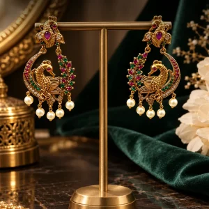 Peacock-Inspired Emerald & Pearl Gold Earrings