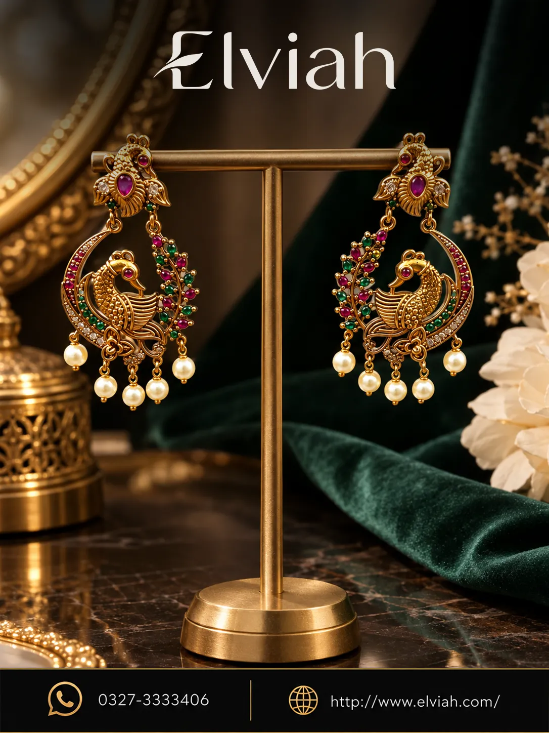 Peacock-Inspired Emerald & Pearl Gold Earrings