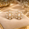 Pearl Blossom Crystal Stud Earrings (1) Pearl and Crystal Floral Stud Earrings