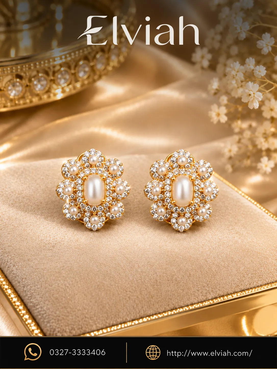 Pearl and Crystal Floral Stud Earrings