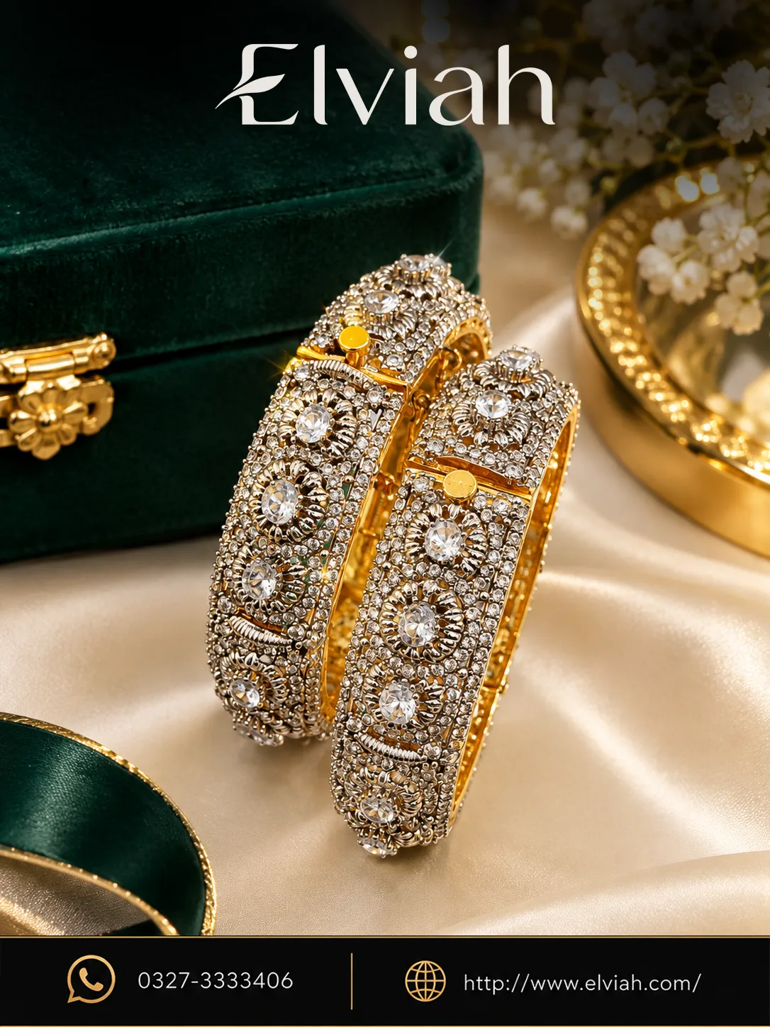 Regal Blossom Twin Bangles (1) Gold & Crystal Floral Bangle Set