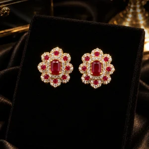 Ruby Red Floral Crystal Stud Earrings