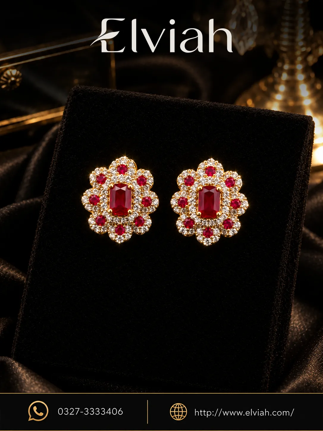 Ruby Red Floral Crystal Stud Earrings