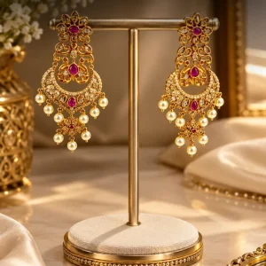 Ruby & Pearl Gold Chandelier Earrings