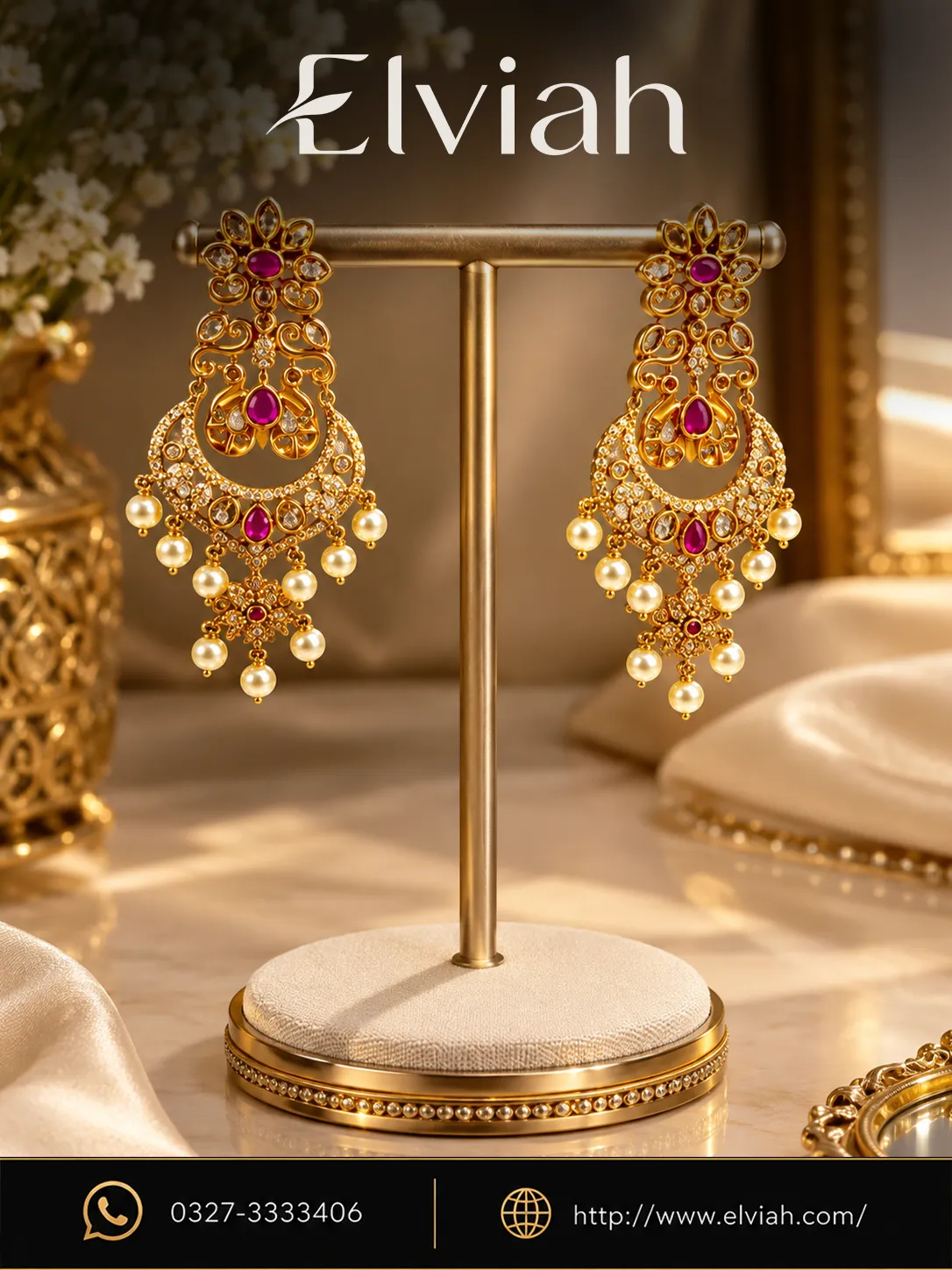 Ruby & Pearl Gold Chandelier Earrings