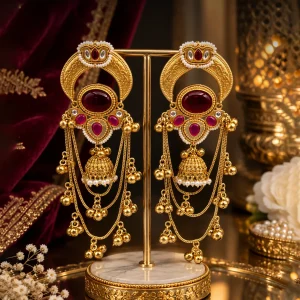 Ruby & Pearl Gold Jhumka Statement Earrings