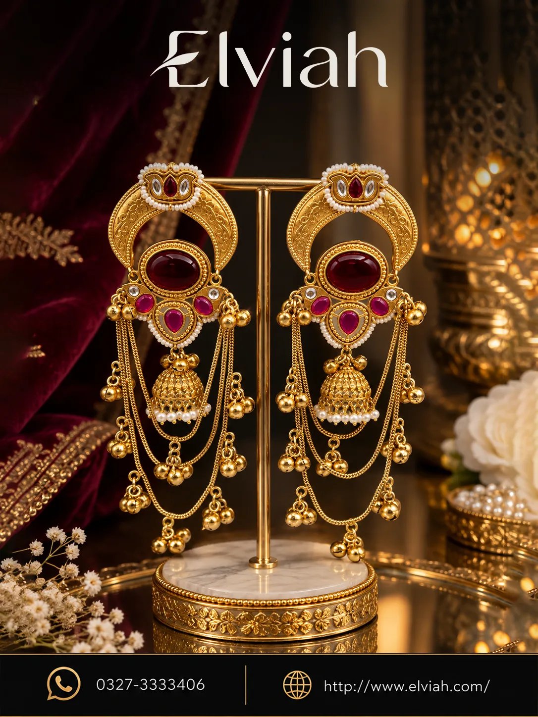 Ruby & Pearl Gold Jhumka Statement Earrings