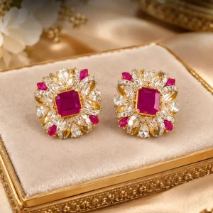 Pink Red Crystal Floral Earrings
