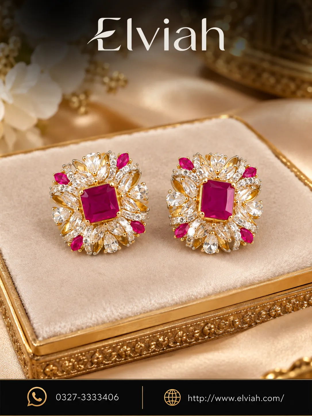 Pink Red Crystal Floral Earrings