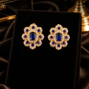 Blue Sapphire Floral Crystal Stud Earrings