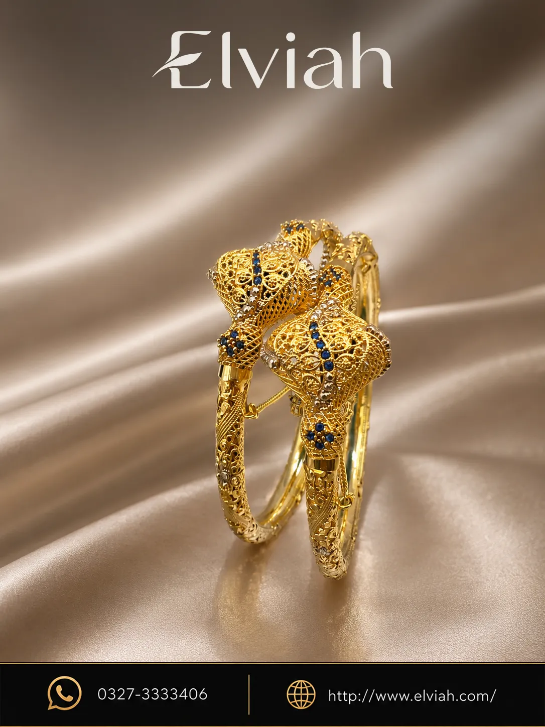 Blue Accent Gold Filigree Bangle Set